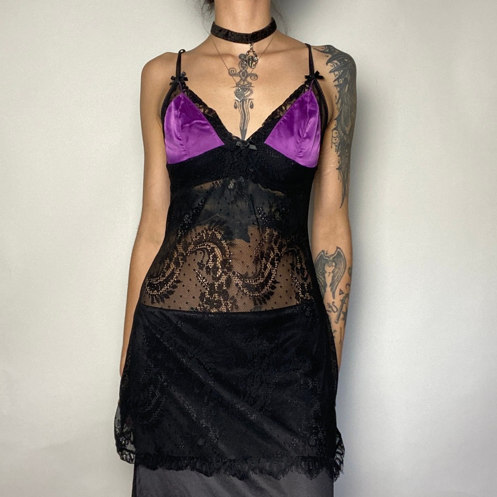 Black Purple Satin Lace Sheer Chemise Slip Dress Lingerie Size M Gothic Y2K